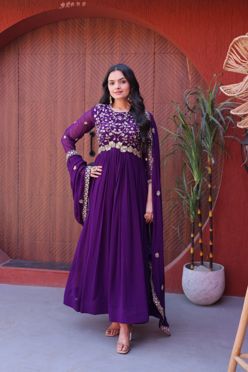 Embroidered Faux Blooming Anarkali Suit for Women with Dupatta