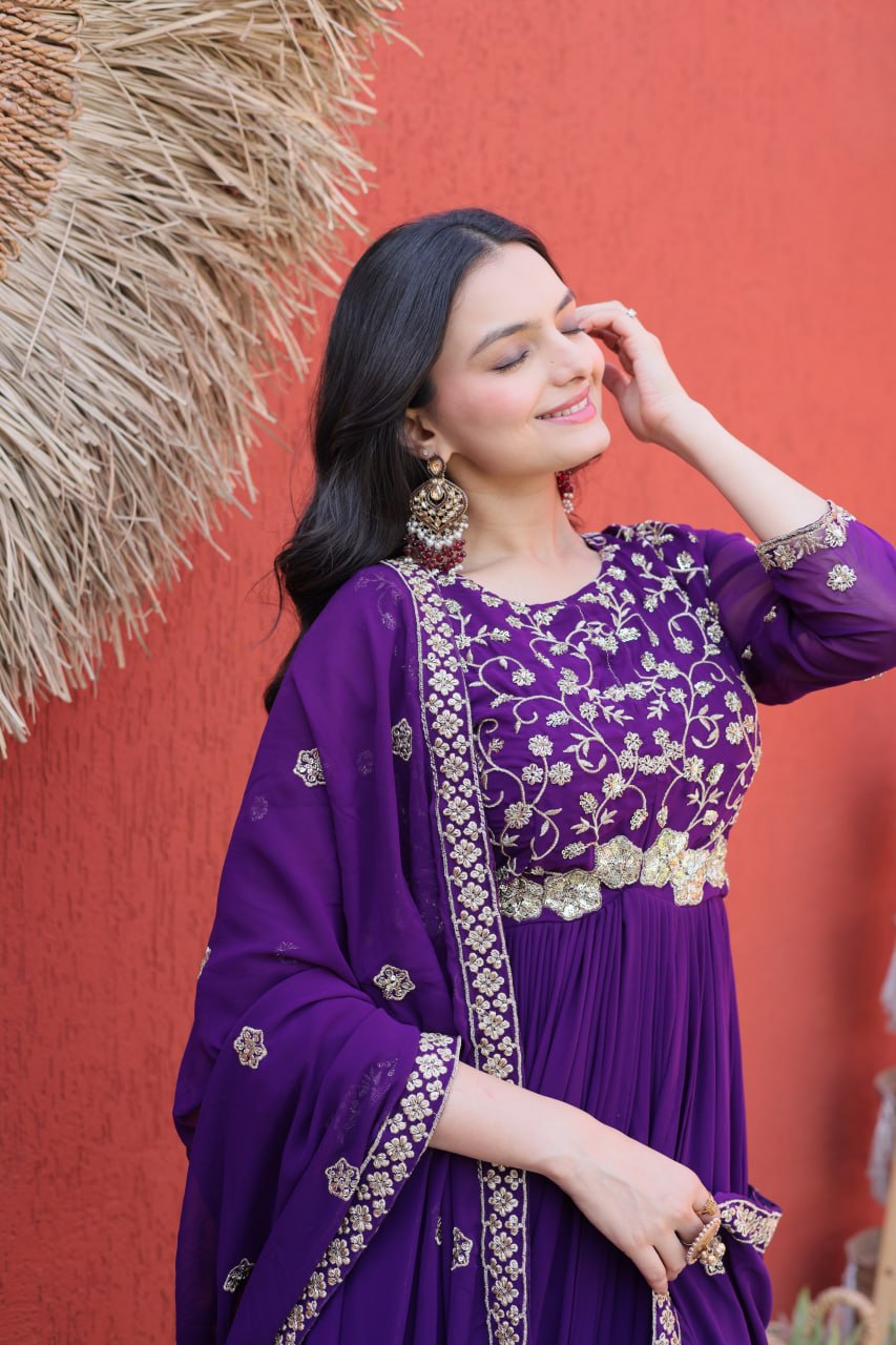 Embroidered Faux Blooming Anarkali Suit for Women with Dupatta