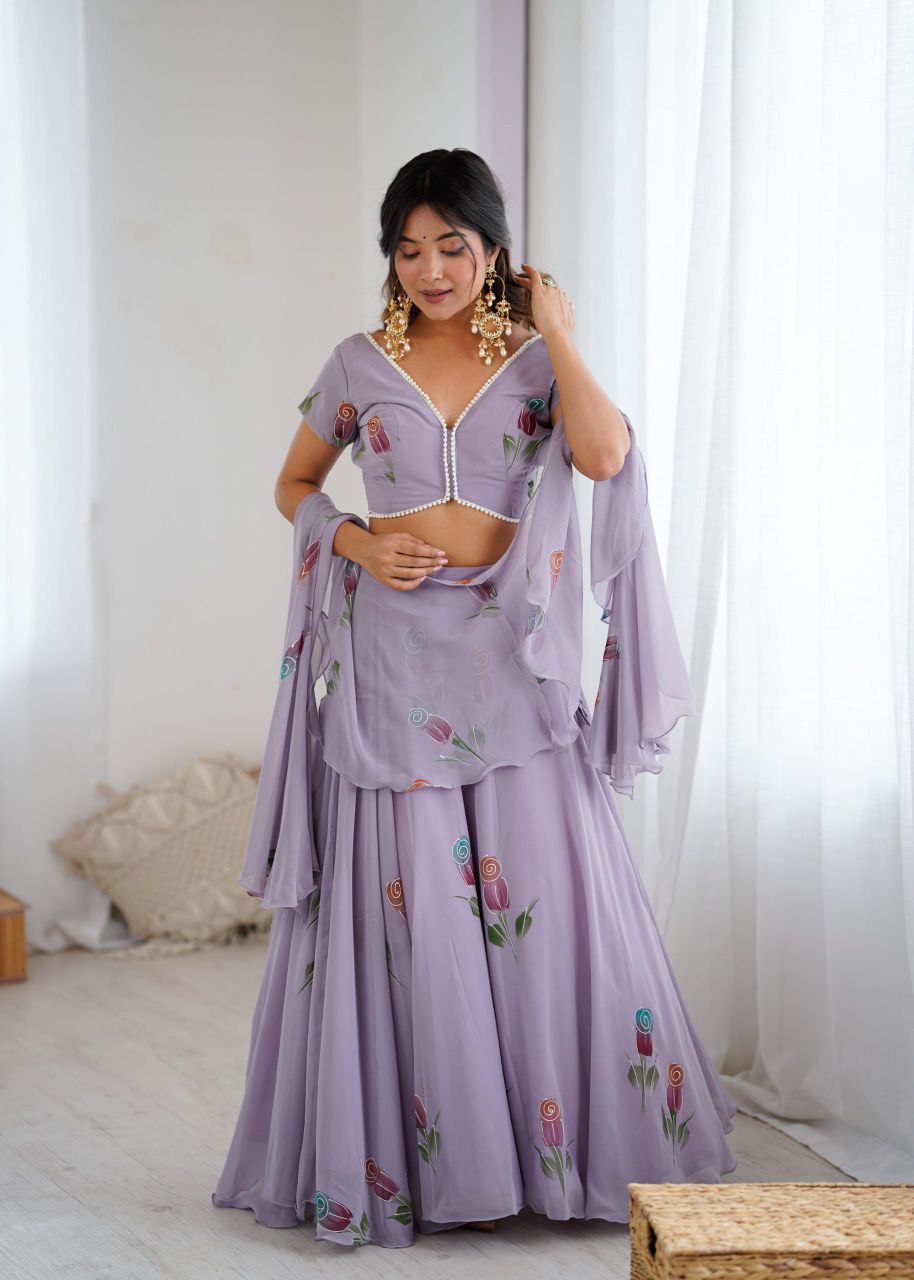 Lavender Georgette Hand Painted Party Wear Lehenga Choli for Women