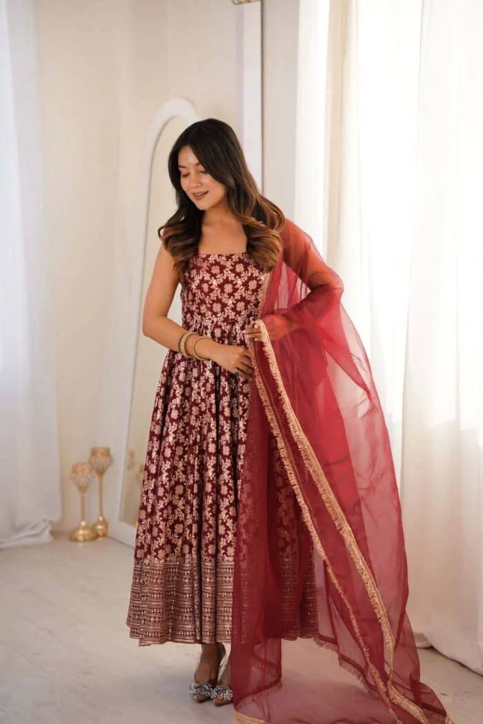 Maroon Chanderi Jacquard Anarkali Salwar Suit Party Wear for Women