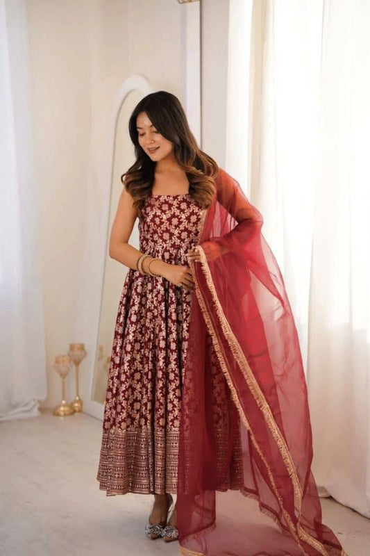 Maroon Chanderi Jacquard Anarkali Salwar Suit Party Wear for Women