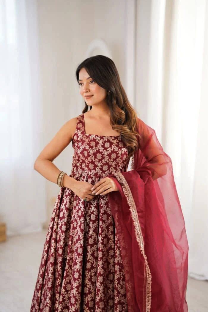 Maroon Chanderi Jacquard Anarkali Salwar Suit Party Wear for Women