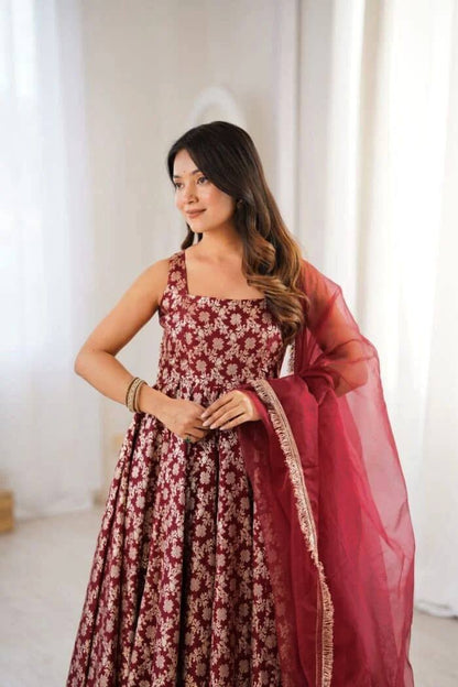 Maroon Chanderi Jacquard Anarkali Salwar Suit Party Wear for Women