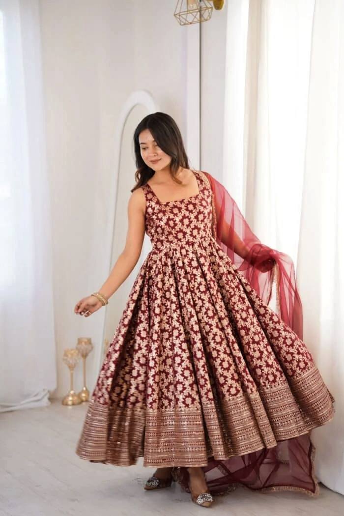 Maroon Chanderi Jacquard Anarkali Salwar Suit Party Wear for Women