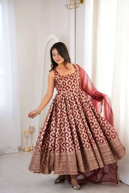 Maroon Chanderi Jacquard Anarkali Salwar Suit Party Wear for Women