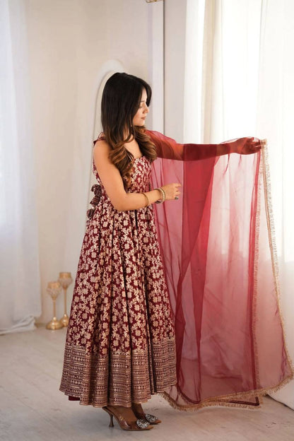 Maroon Chanderi Jacquard Anarkali Salwar Suit Party Wear for Women