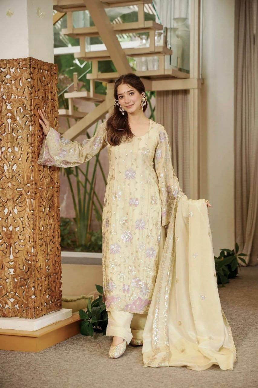 Ivory Vichitra Silk Salwar Suit Party Wear for Women