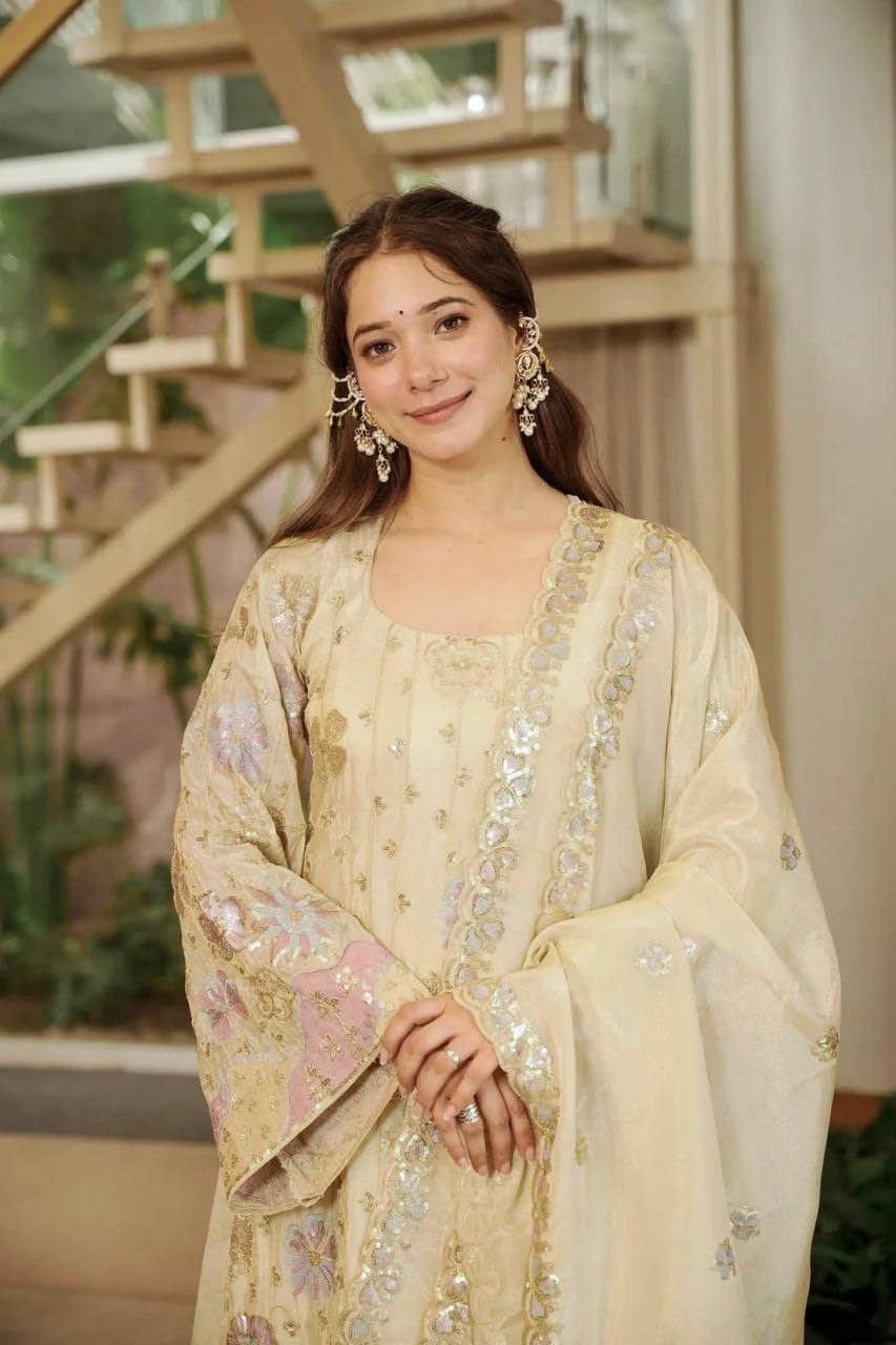 Ivory Vichitra Silk Salwar Suit Party Wear for Women