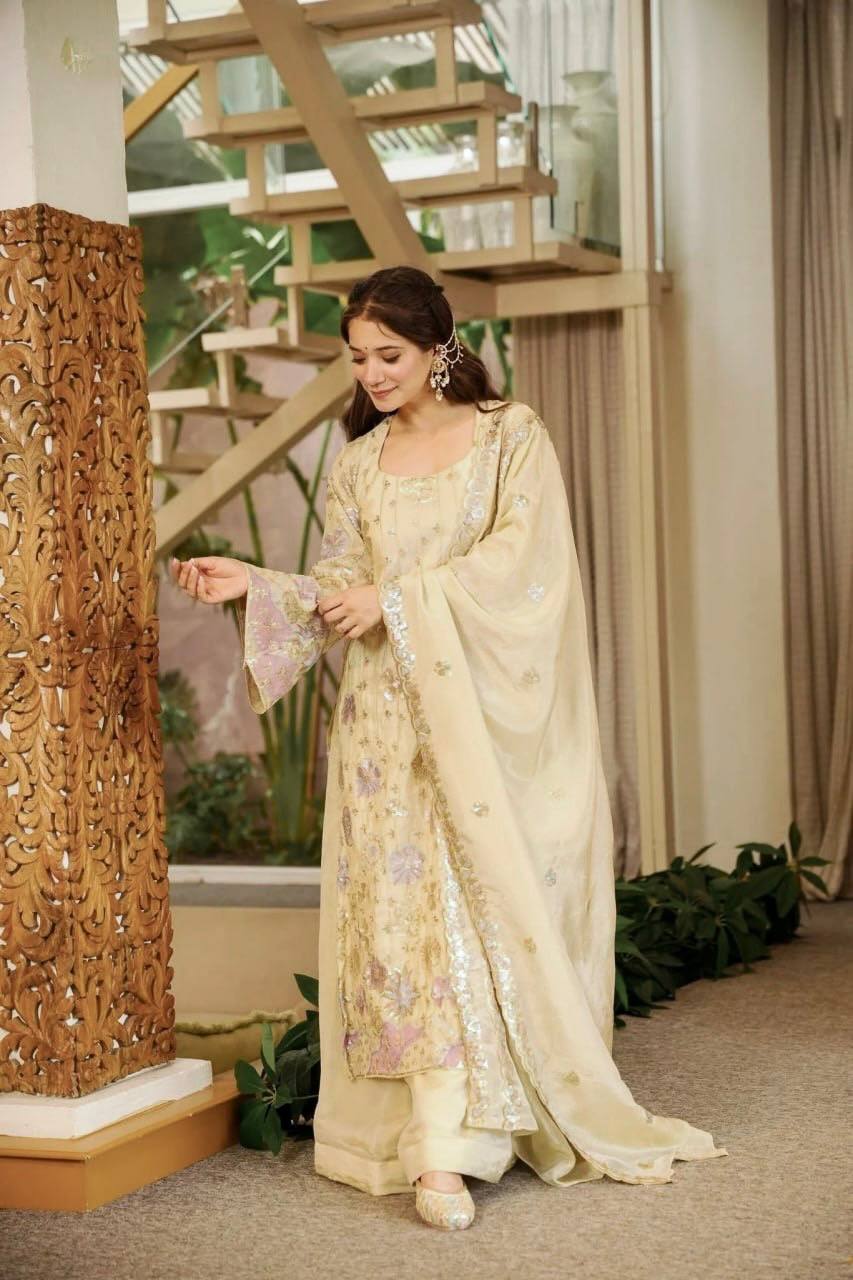 Ivory Vichitra Silk Salwar Suit Party Wear for Women