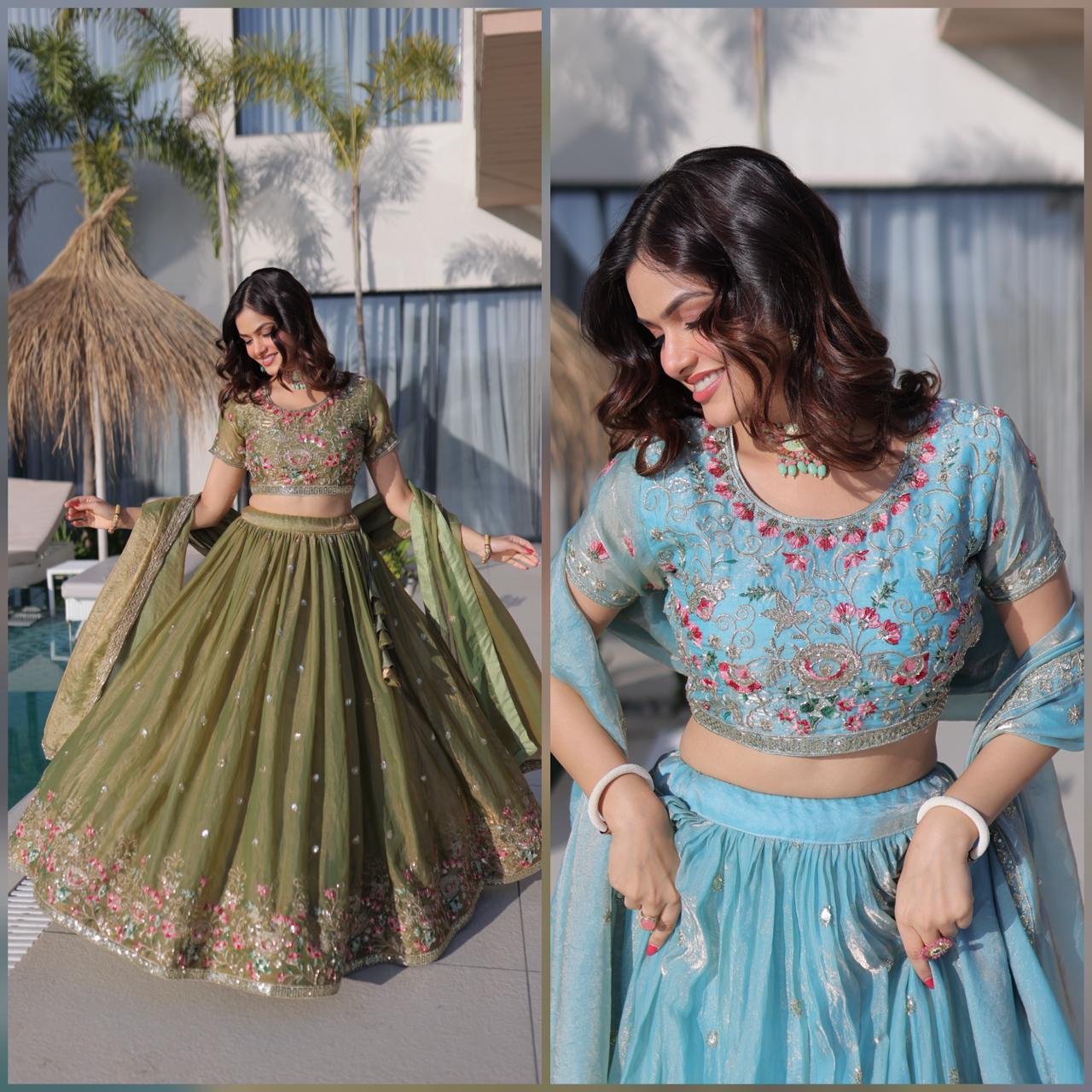 Fendi Silk Multi Thread Embroidered Lehenga Choli for Women