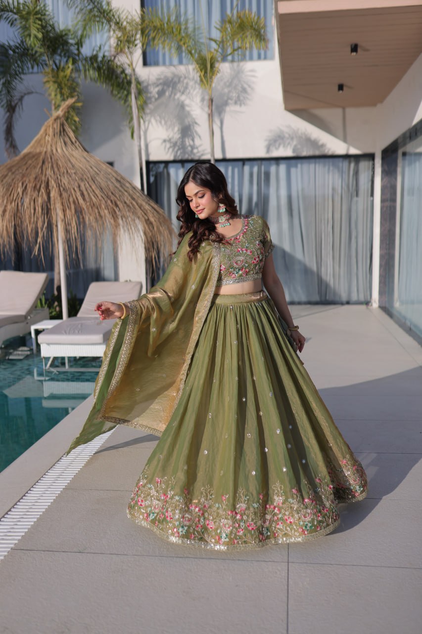 Fendi Silk Multi Thread Embroidered Lehenga Choli for Women