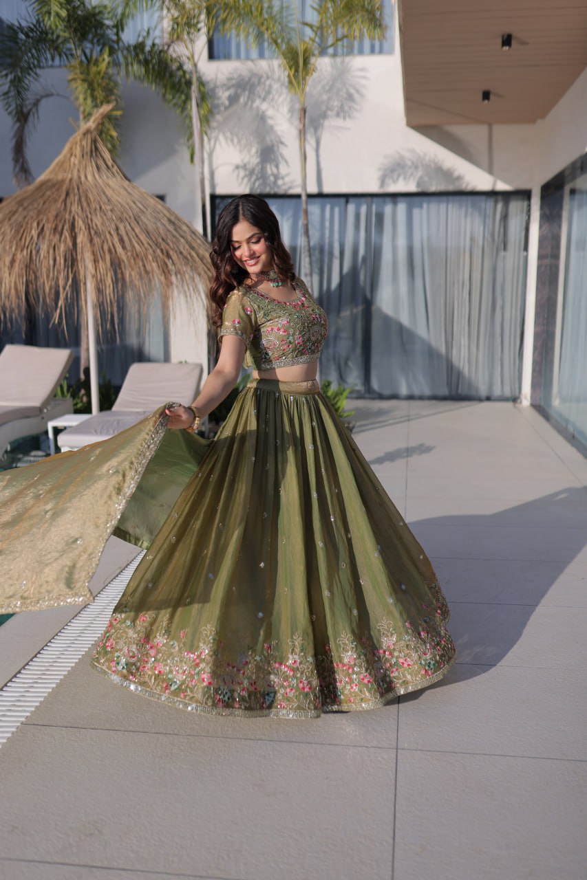 Fendi Silk Multi Thread Embroidered Lehenga Choli for Women