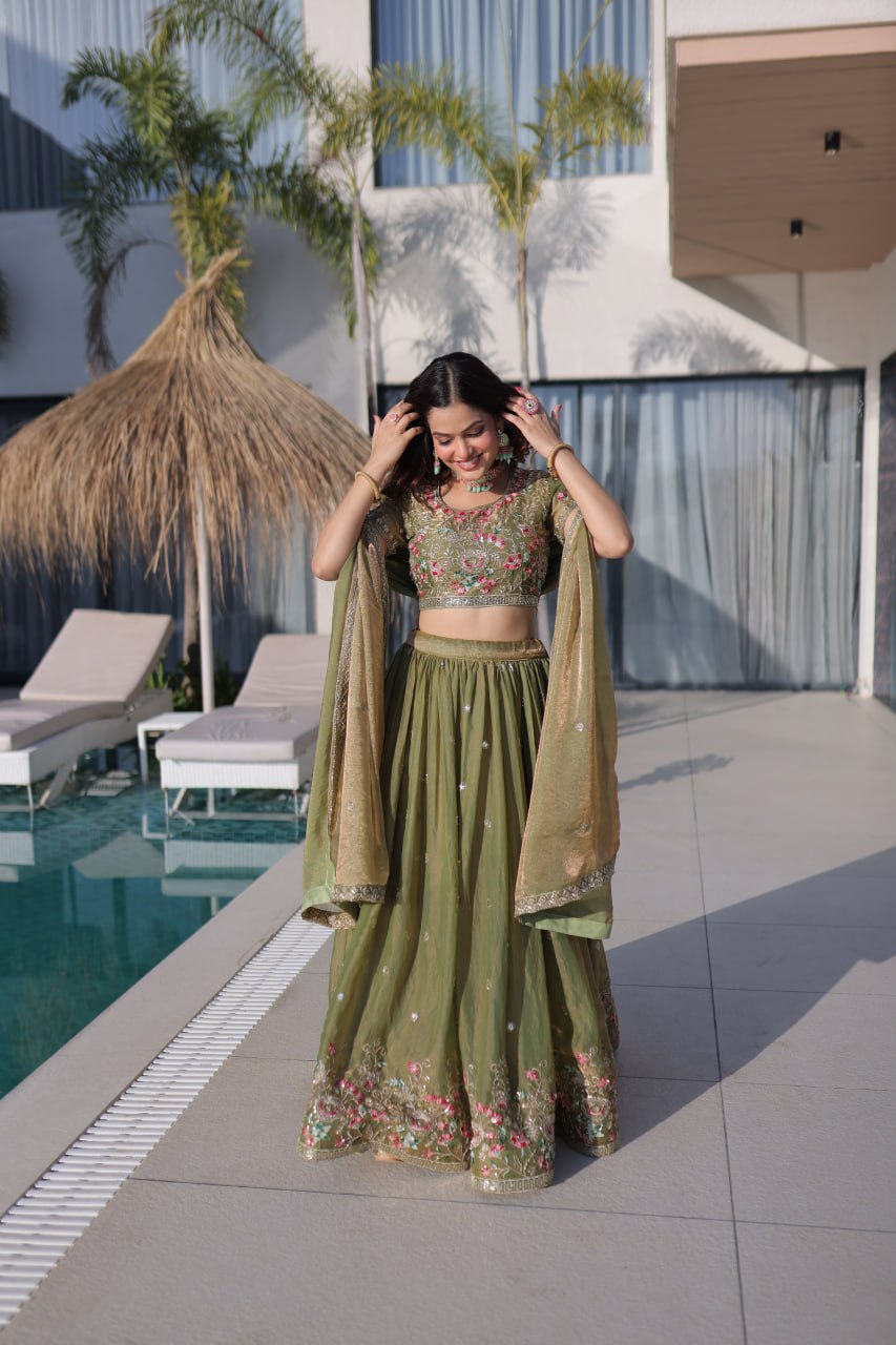 Fendi Silk Multi Thread Embroidered Lehenga Choli for Women