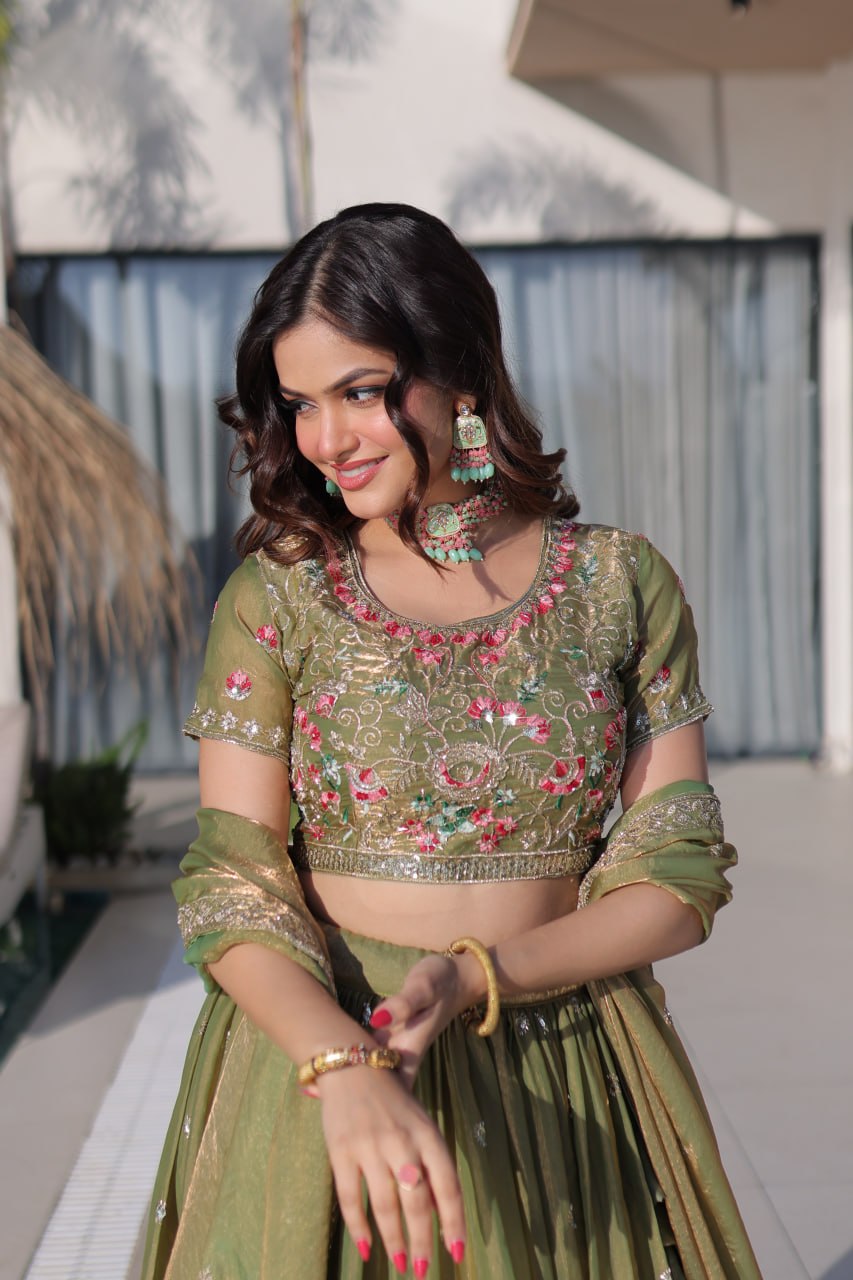 Fendi Silk Multi Thread Embroidered Lehenga Choli for Women