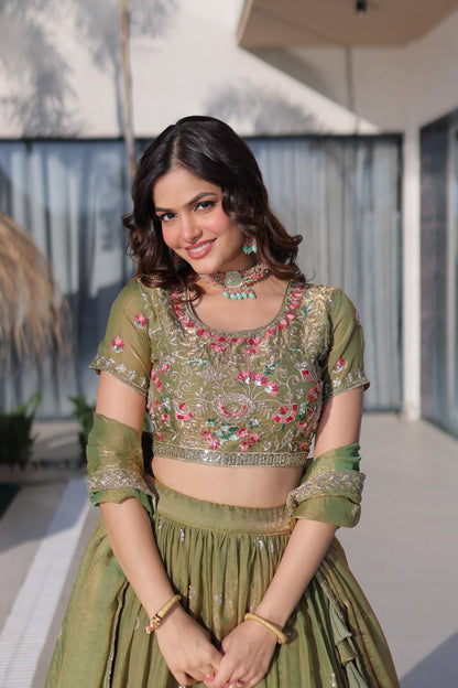 Fendi Silk Multi Thread Embroidered Lehenga Choli for Women