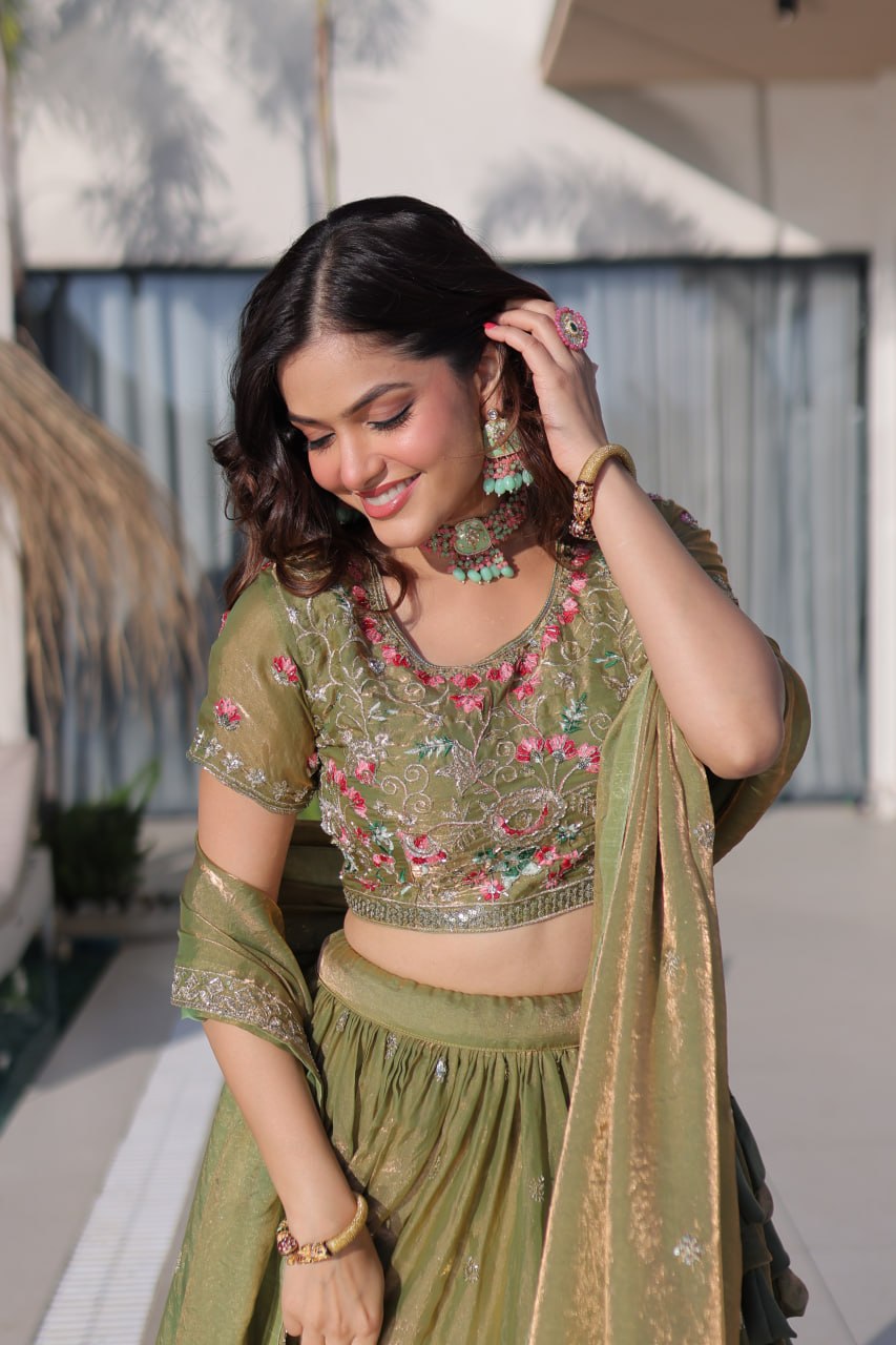 Fendi Silk Multi Thread Embroidered Lehenga Choli for Women