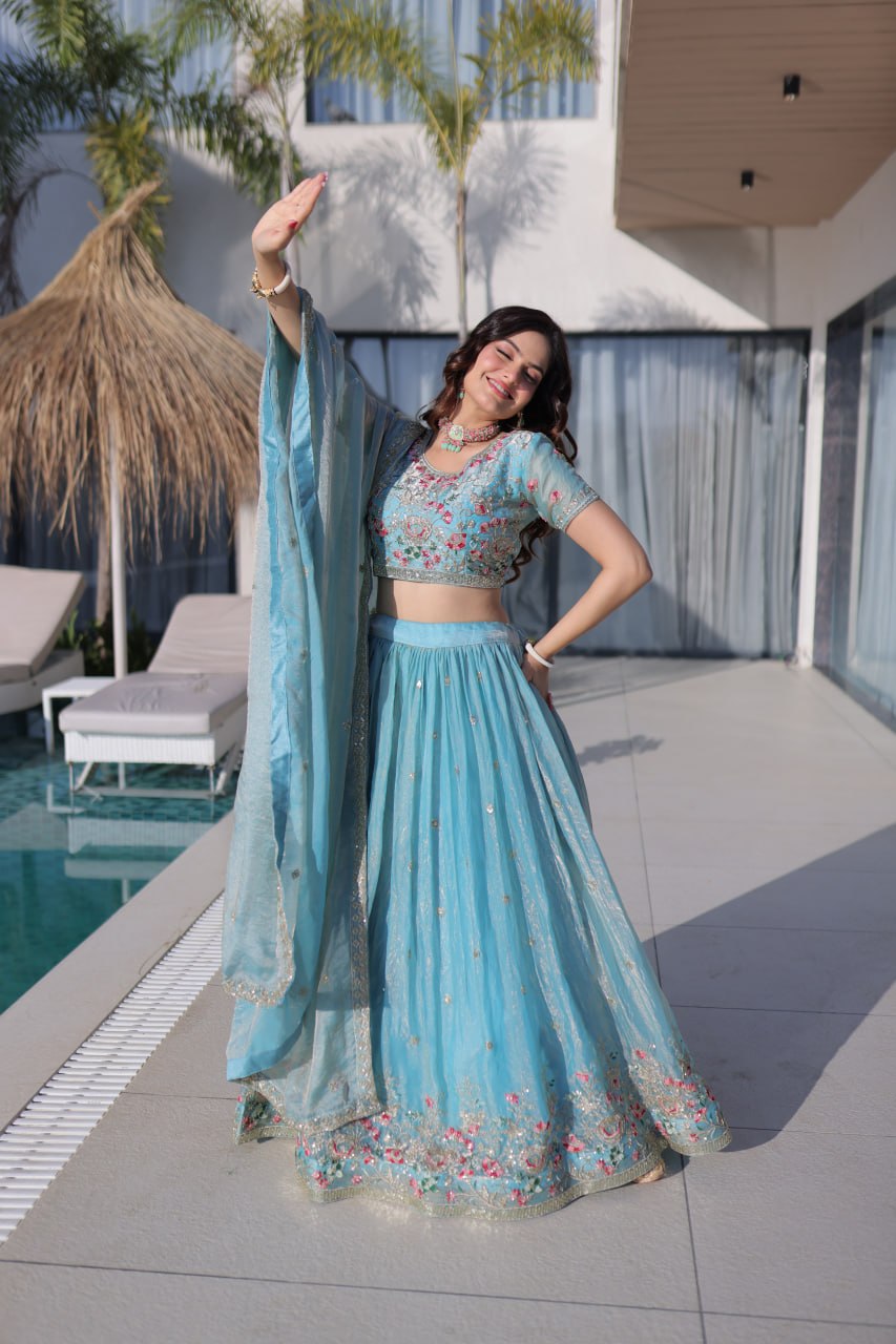 Fendi Silk Multi Thread Embroidered Lehenga Choli for Women