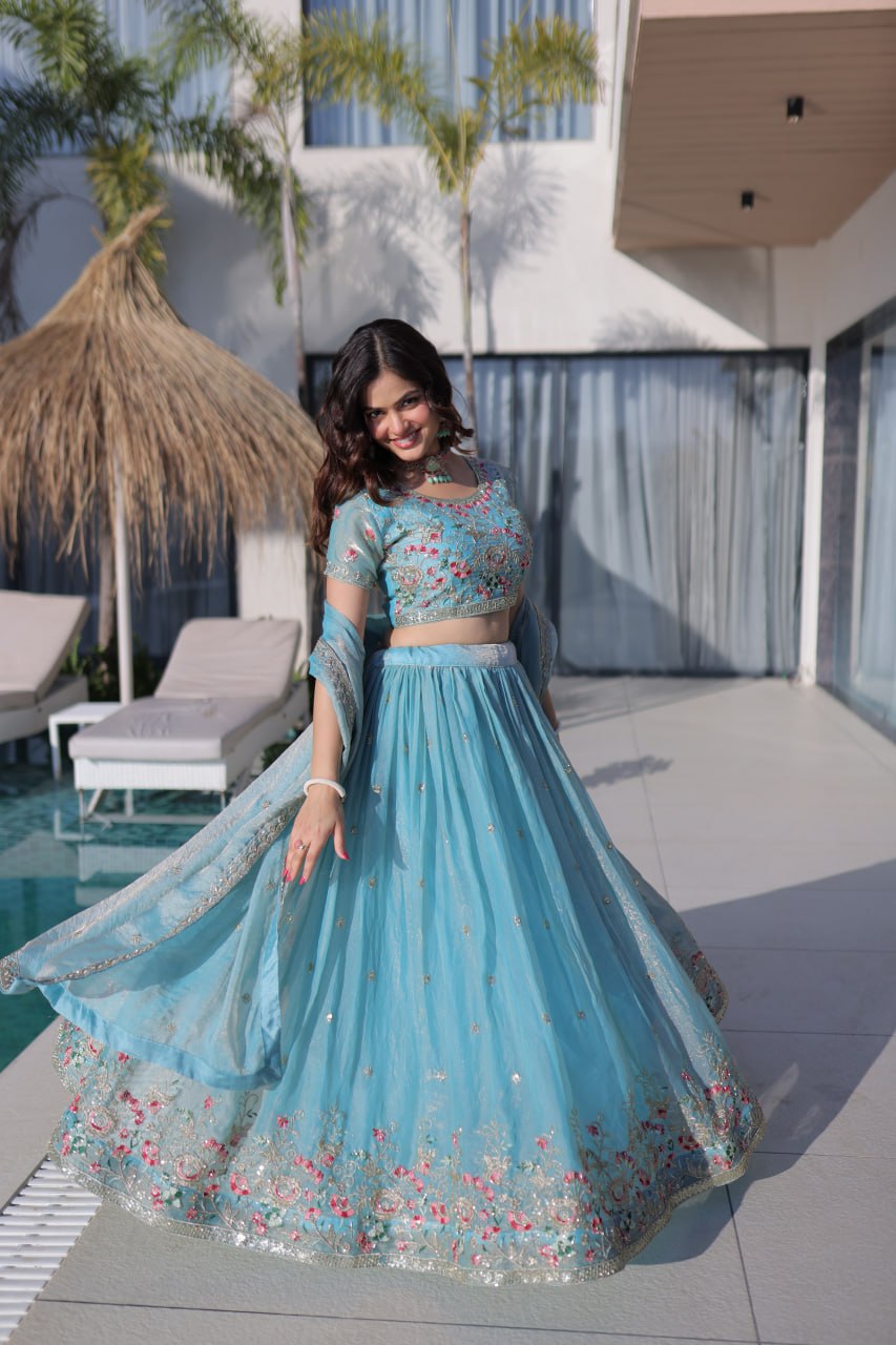 Fendi Silk Multi Thread Embroidered Lehenga Choli for Women