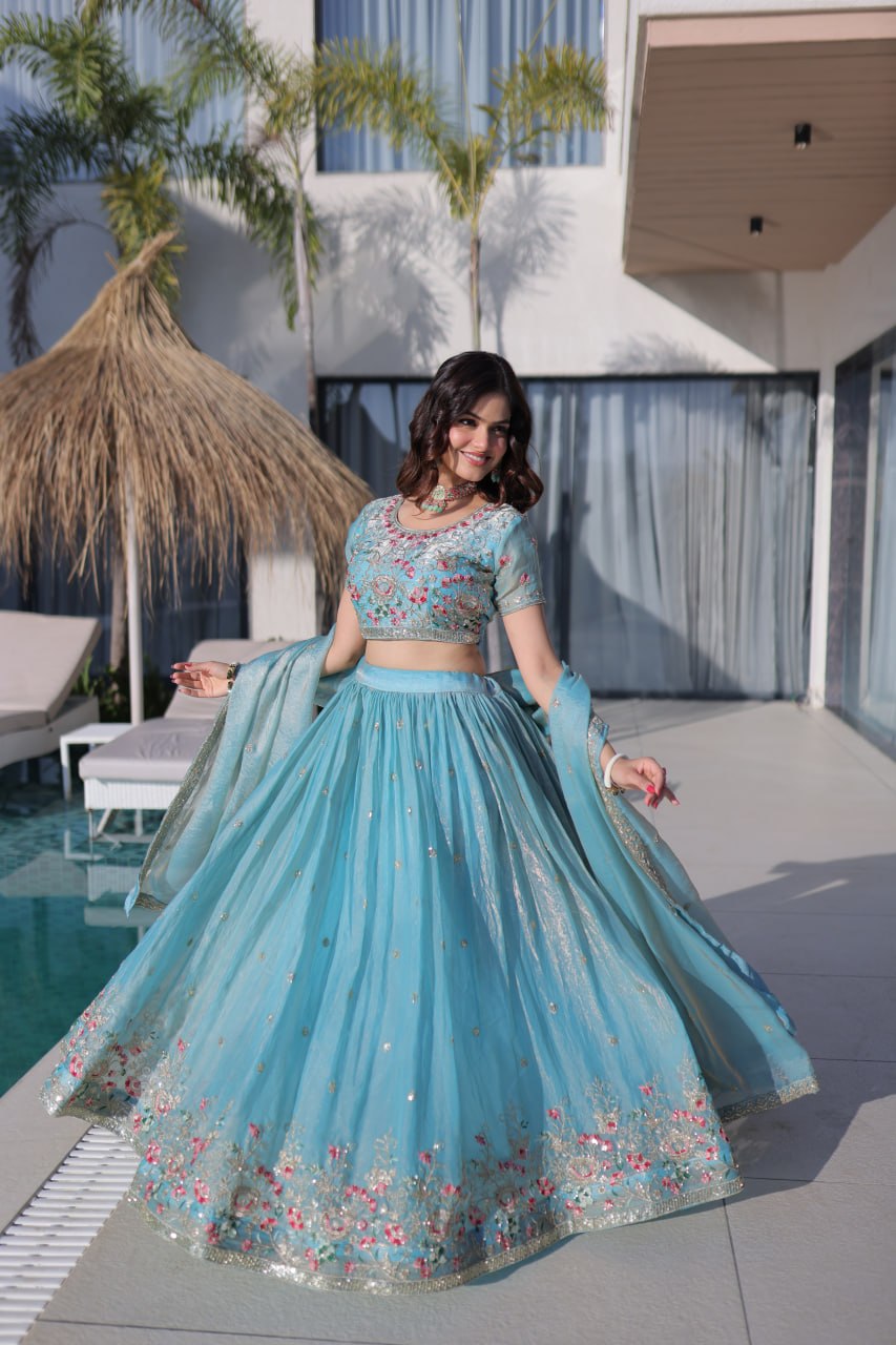 Fendi Silk Multi Thread Embroidered Lehenga Choli for Women