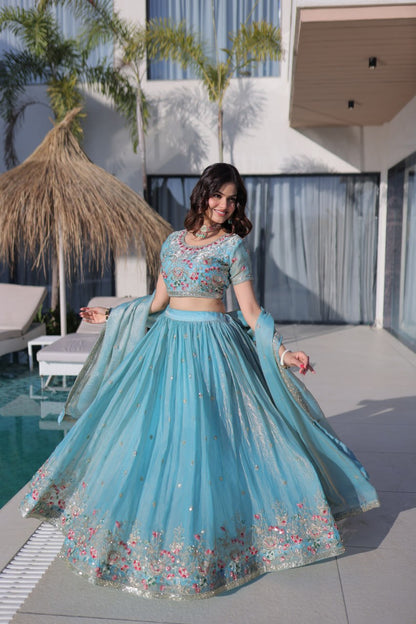 Fendi Silk Multi Thread Embroidered Lehenga Choli for Women