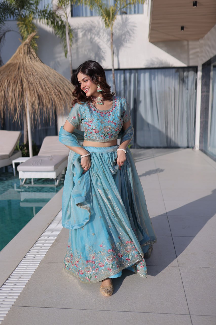 Fendi Silk Multi Thread Embroidered Lehenga Choli for Women