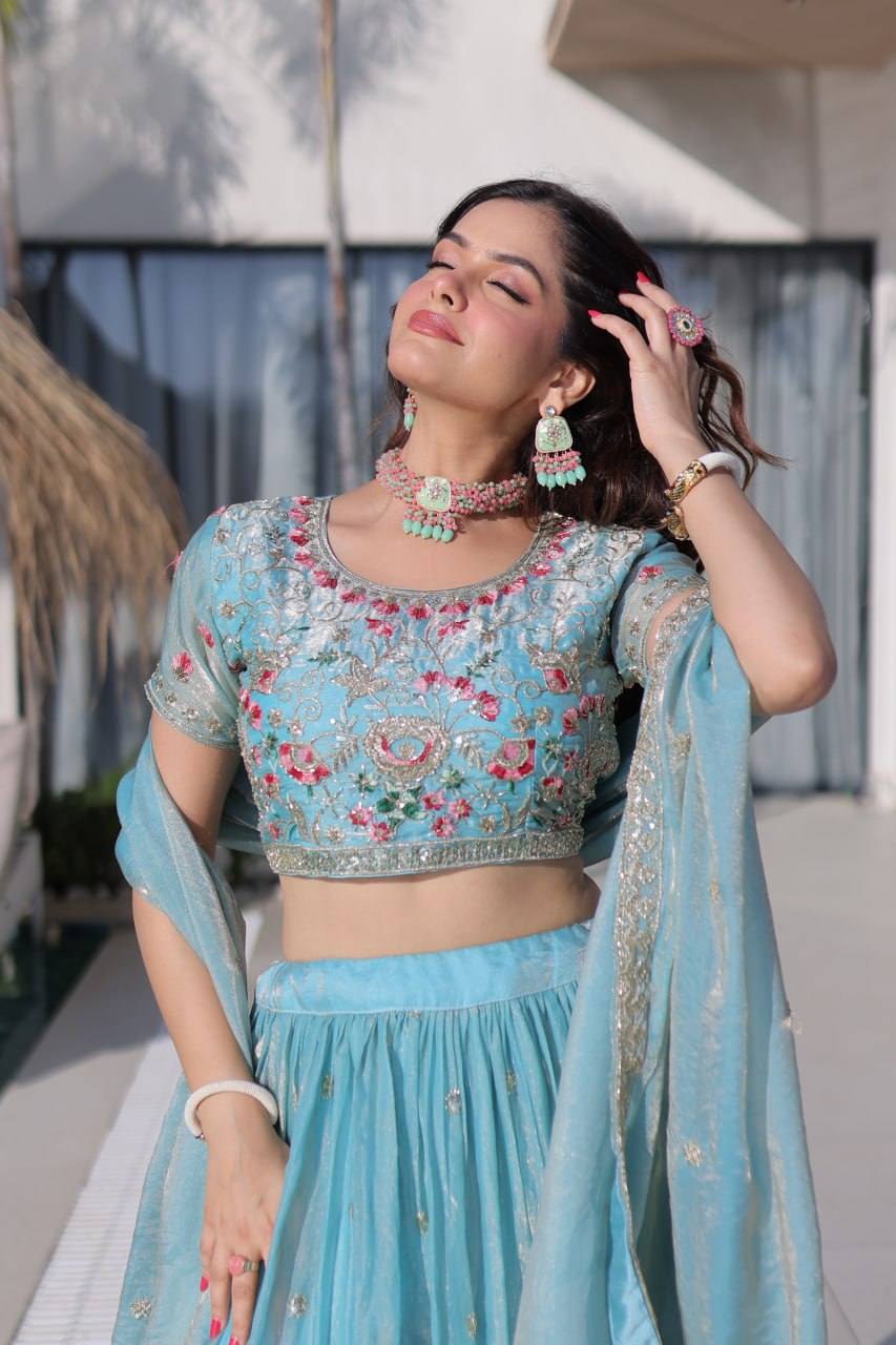 Fendi Silk Multi Thread Embroidered Lehenga Choli for Women
