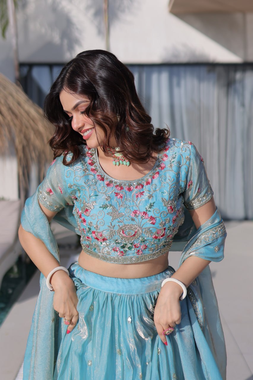 Fendi Silk Multi Thread Embroidered Lehenga Choli for Women