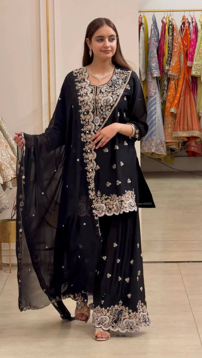 Black Embroidered Kurta Palazzo Set with Dupatta