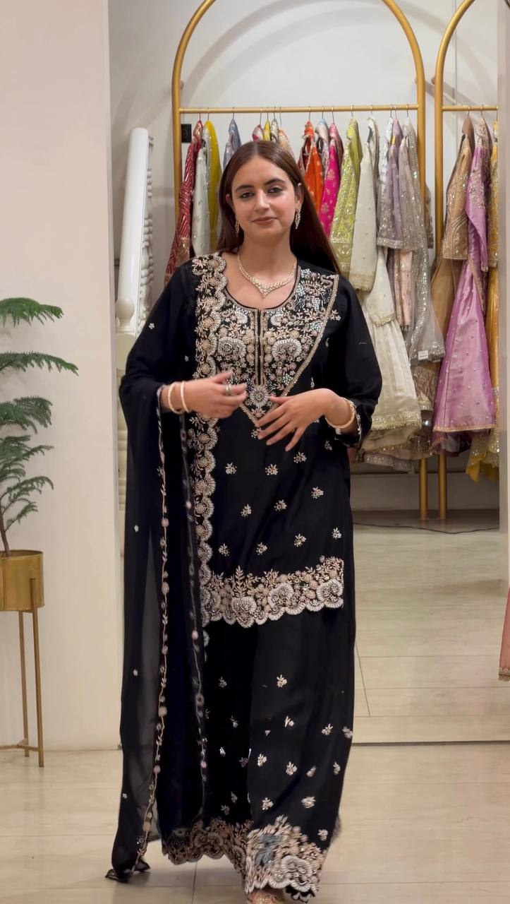 Black Embroidered Kurta Palazzo Set with Dupatta