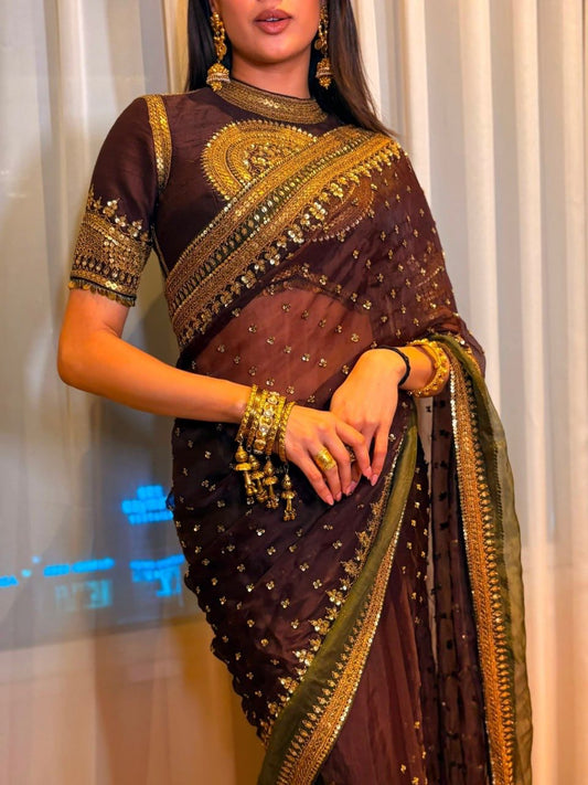 Rich Chocolate Brown Designer Saree with Intricate Thread Work
