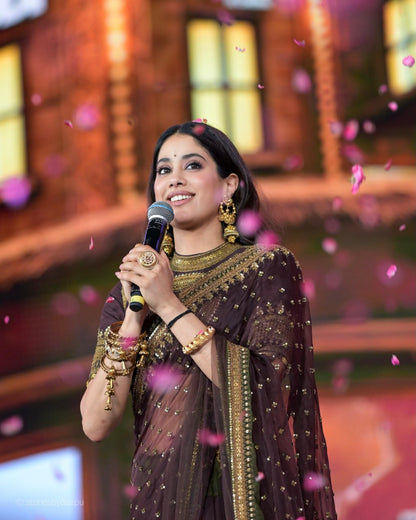 Rich Chocolate Brown Designer Saree with Intricate Thread Work