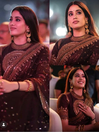 Rich Chocolate Brown Designer Saree with Intricate Thread Work