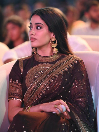 Rich Chocolate Brown Designer Saree with Intricate Thread Work