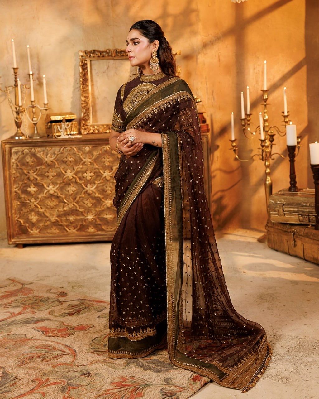 Rich Chocolate Brown Designer Saree with Intricate Thread Work