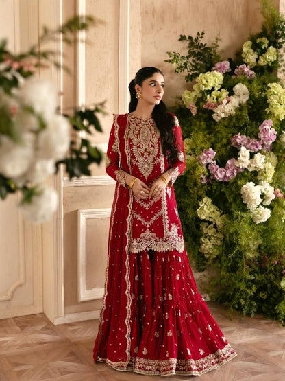 Red Faux Georgette Pakistani Suit with Sharara for Women