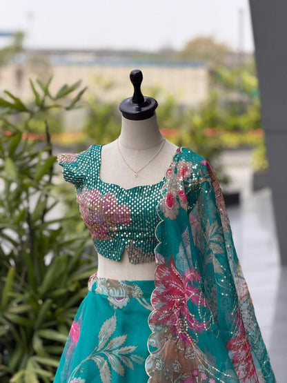 Teal Floral Organza Party Wear Lehenga Choli with Sequin Work