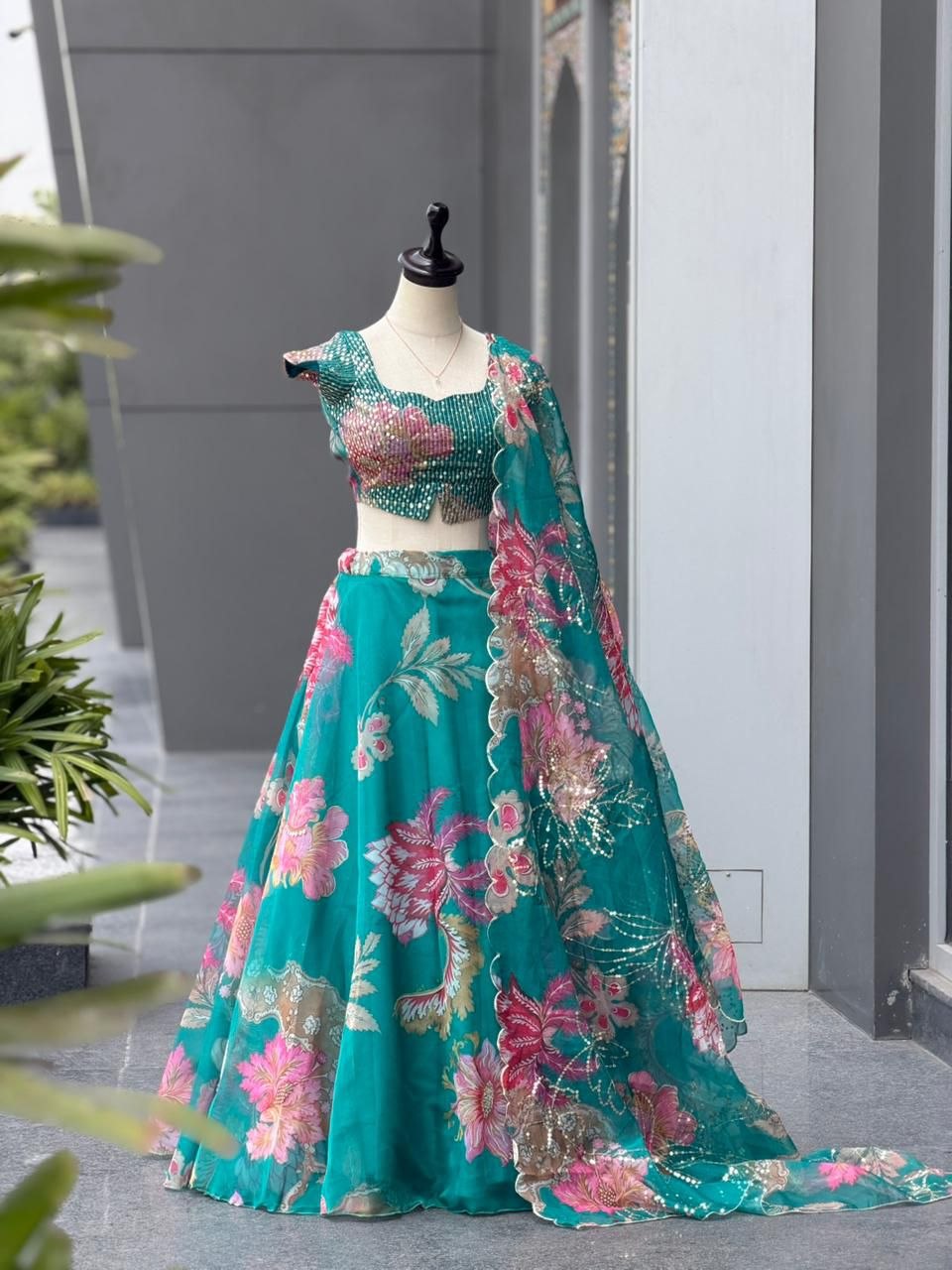 Teal Floral Organza Party Wear Lehenga Choli with Sequin Work