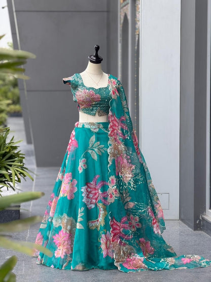 Teal Floral Organza Party Wear Lehenga Choli with Sequin Work