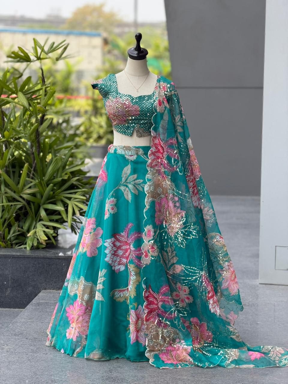 Teal Floral Organza Party Wear Lehenga Choli with Sequin Work