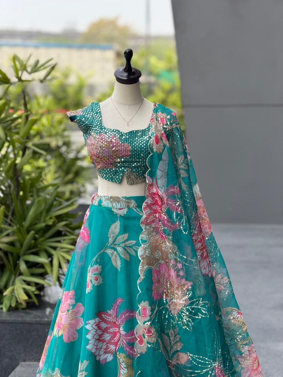 Teal Floral Organza Party Wear Lehenga Choli with Sequin Work