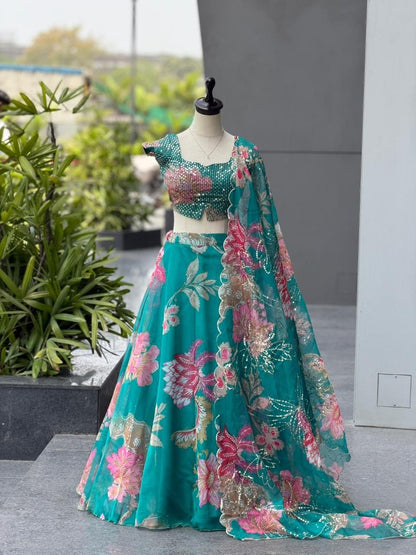Teal Floral Organza Party Wear Lehenga Choli with Sequin Work