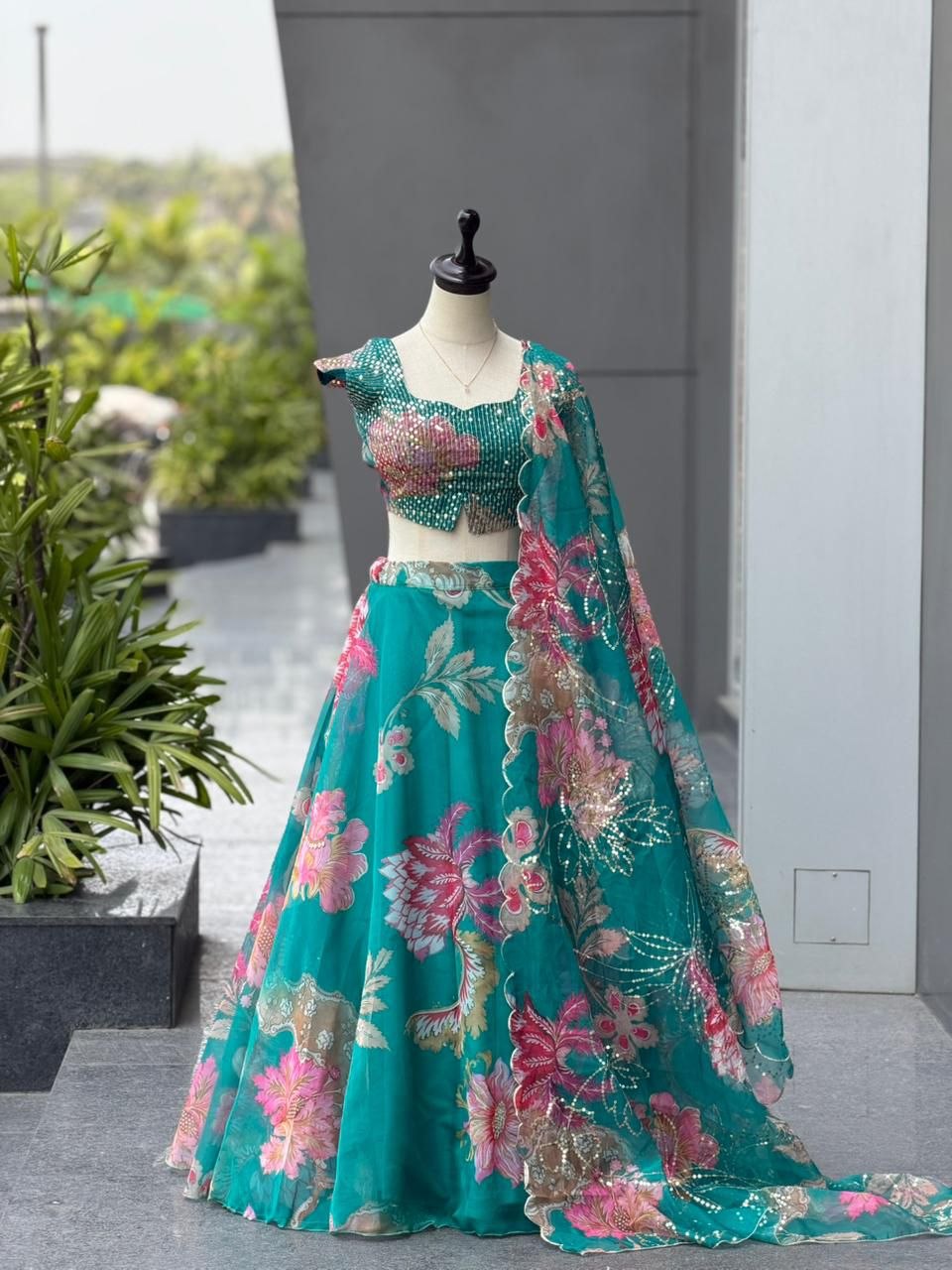Teal Floral Organza Party Wear Lehenga Choli with Sequin Work