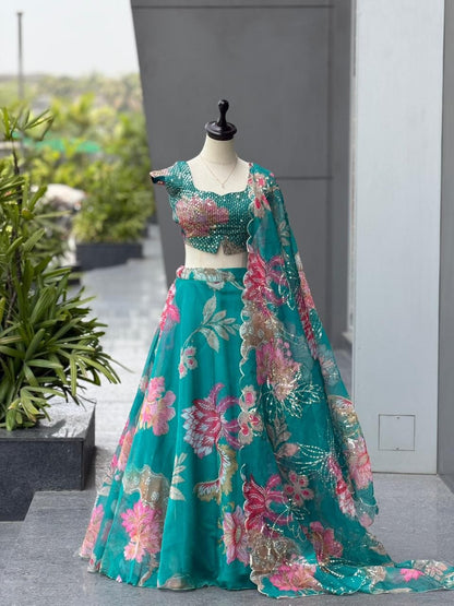Teal Floral Organza Party Wear Lehenga Choli with Sequin Work