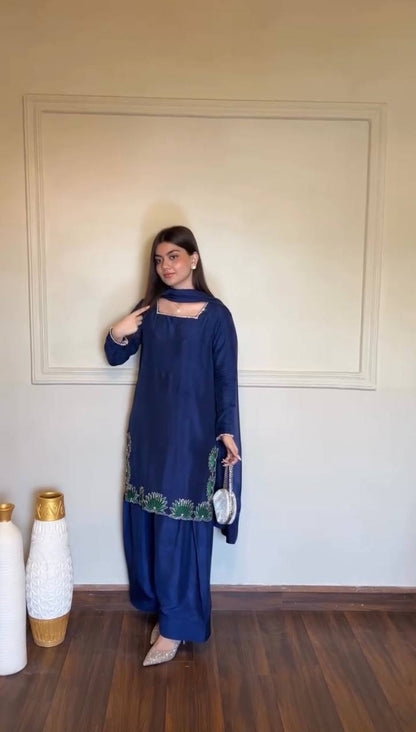 Royal Blue American Silk Kurta Palazzo Set with Dupatta