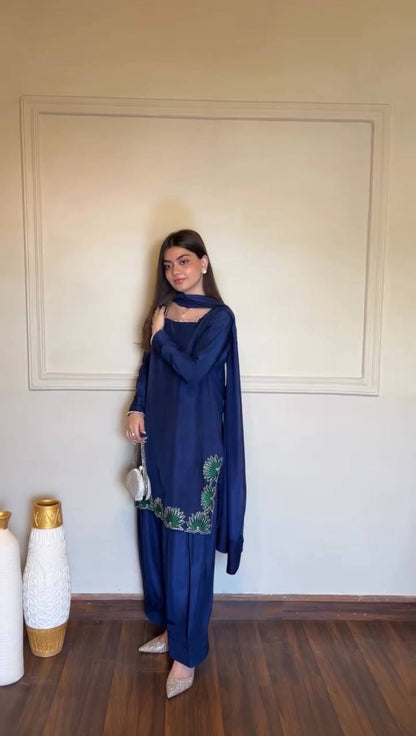 Royal Blue American Silk Kurta Palazzo Set with Dupatta