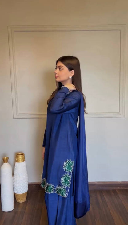 Royal Blue American Silk Kurta Palazzo Set with Dupatta