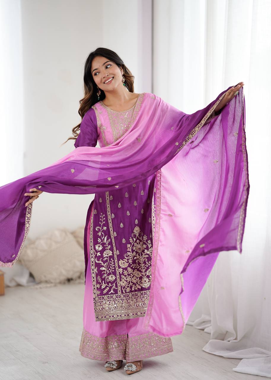 Shaded Blush Pink Kurta Palazzo Set with Dupatta