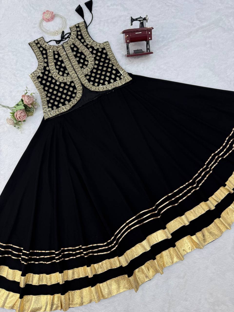 Elegant Black Lehenga Choli for Women with Gold Gota Patti