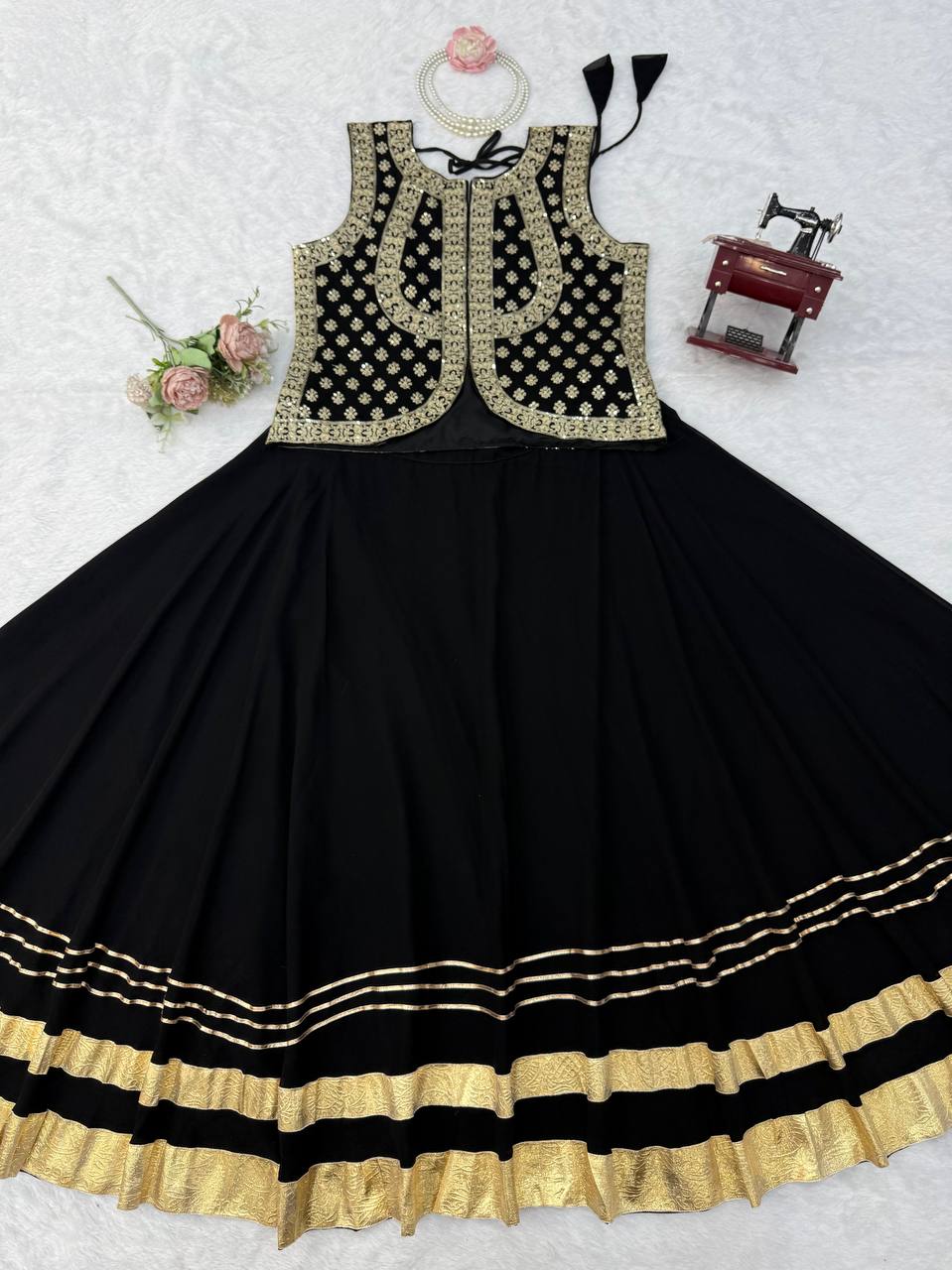 Elegant Black Lehenga Choli for Women with Gold Gota Patti