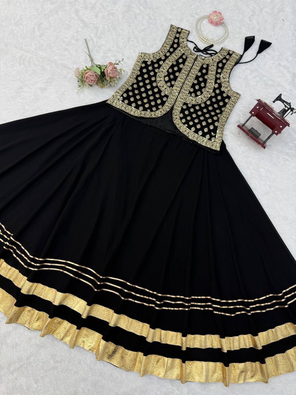 Elegant Black Lehenga Choli for Women with Gold Gota Patti